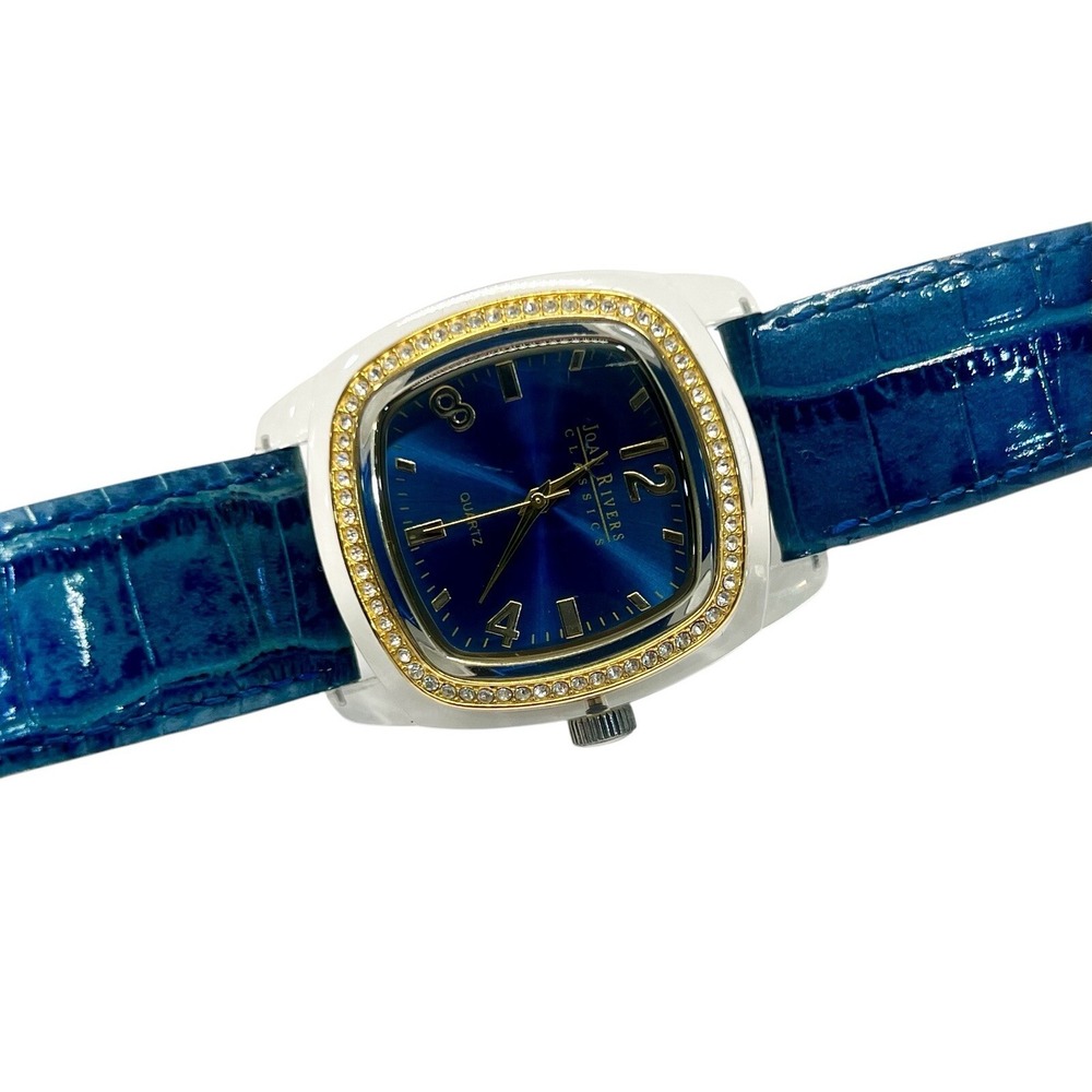 Joan Rivers Classics Watch Women Rhinestones Clear Case Blue Leather 377 Needs B